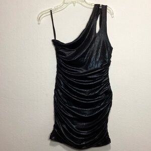 BEBE black textured print cut out back ruching stretch one shoulder dress